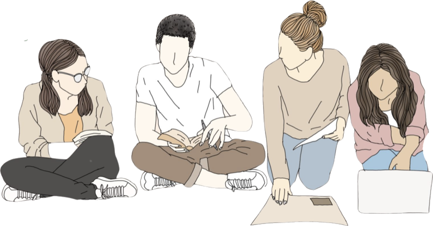 Illustration of four people sitting together with notebooks and a laptop