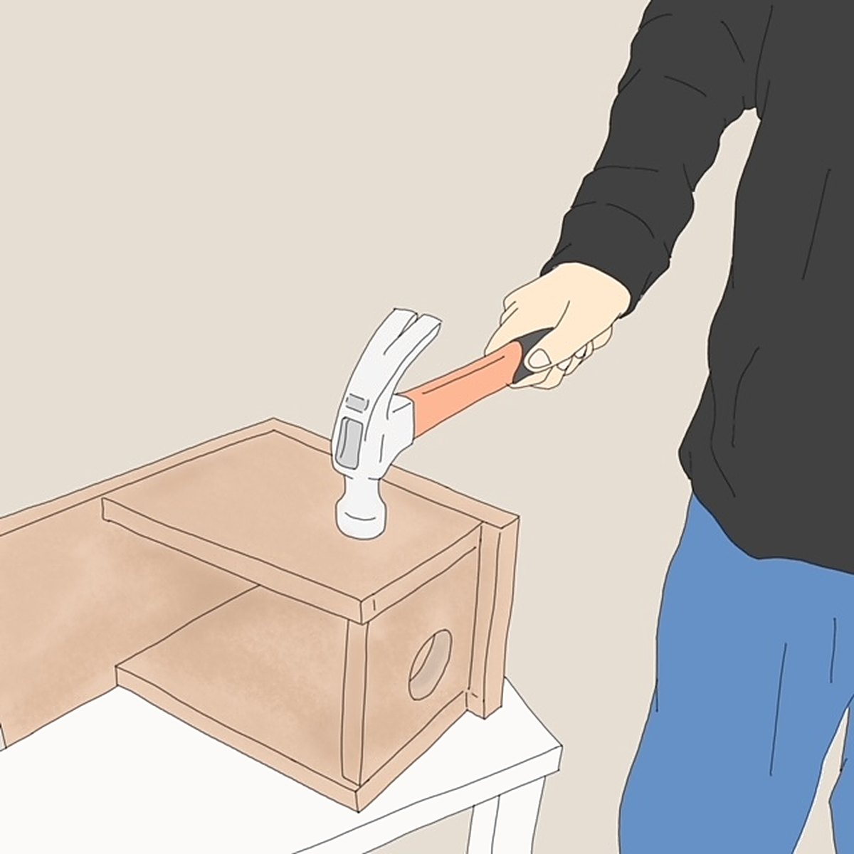 Illustration of a participant hammering together a wooden birdhouse