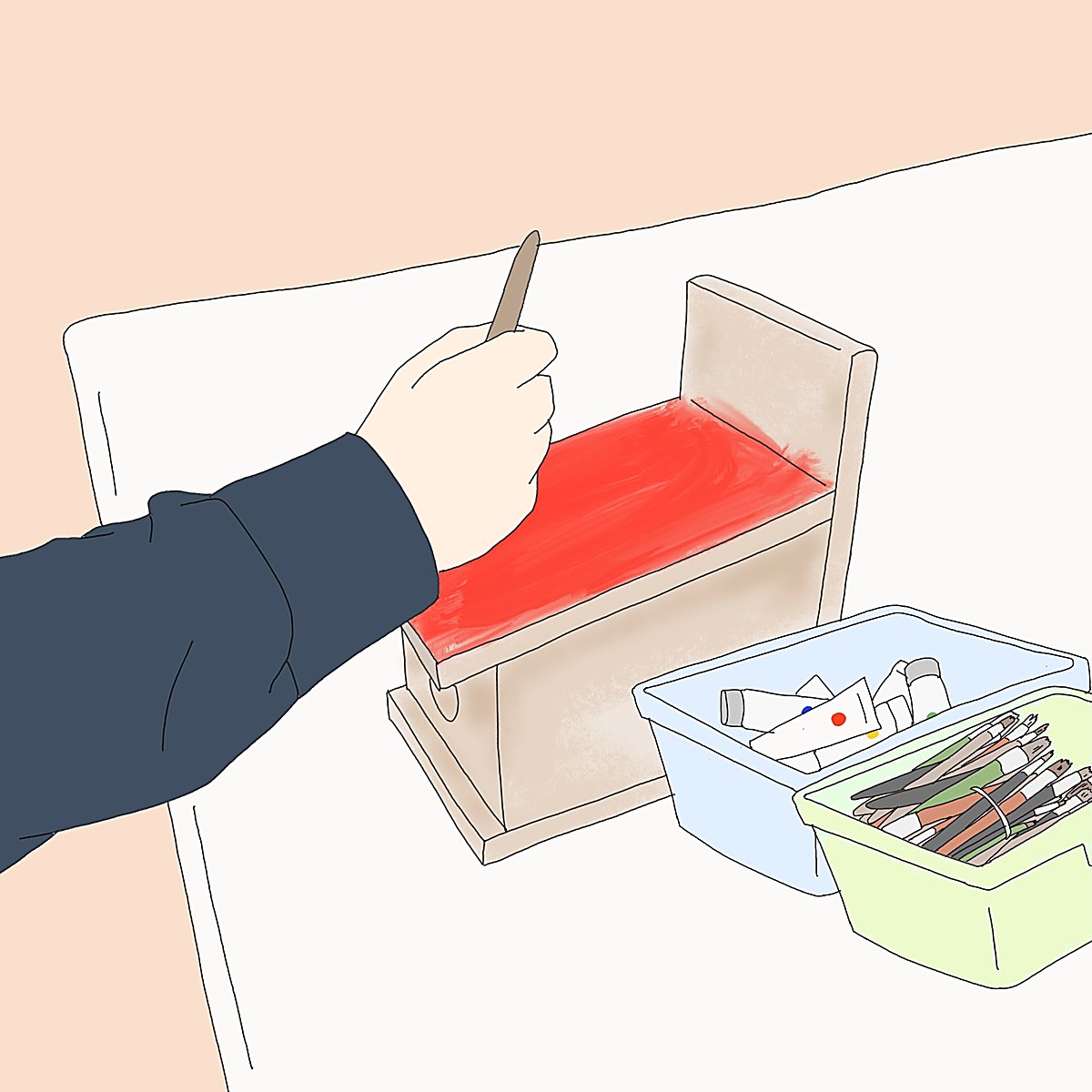 Illustration of a participant painting a handmade wooden stool