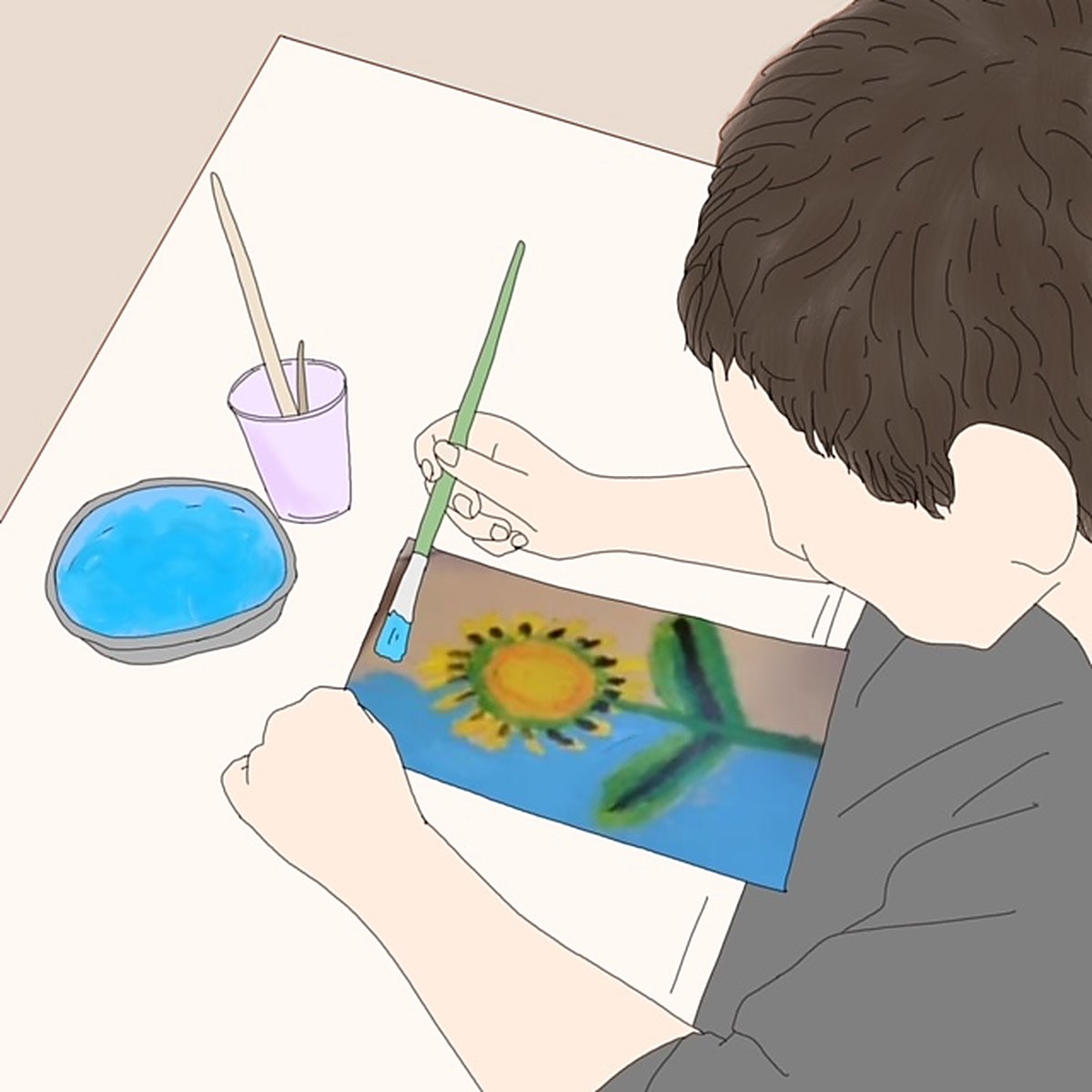 Illustration of a young person painting a sunflower