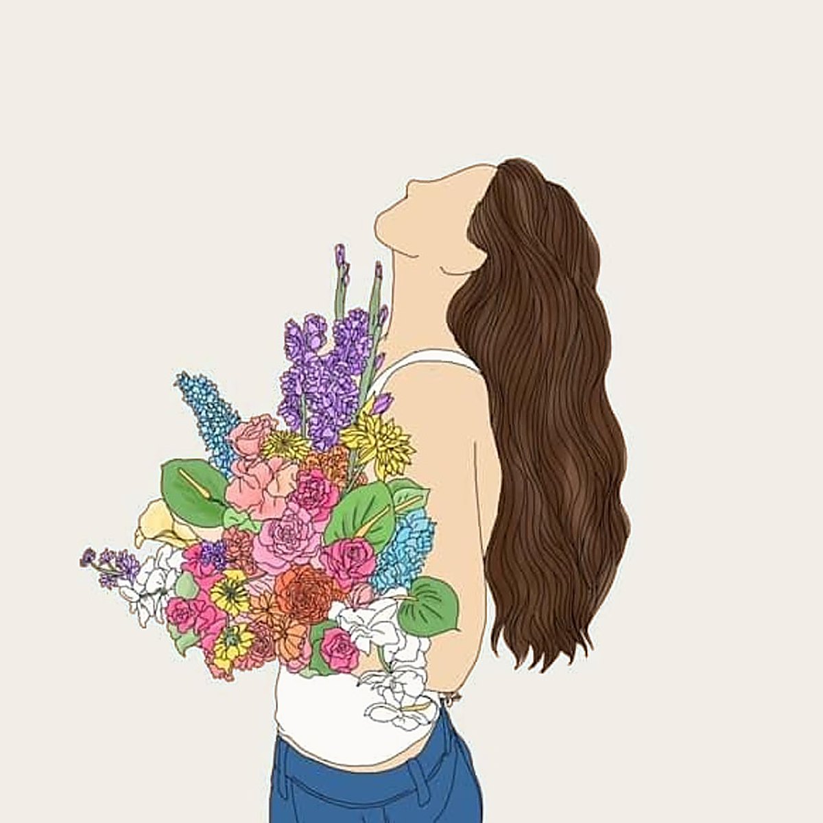 Illustration of a woman holding a large bunch of flowers