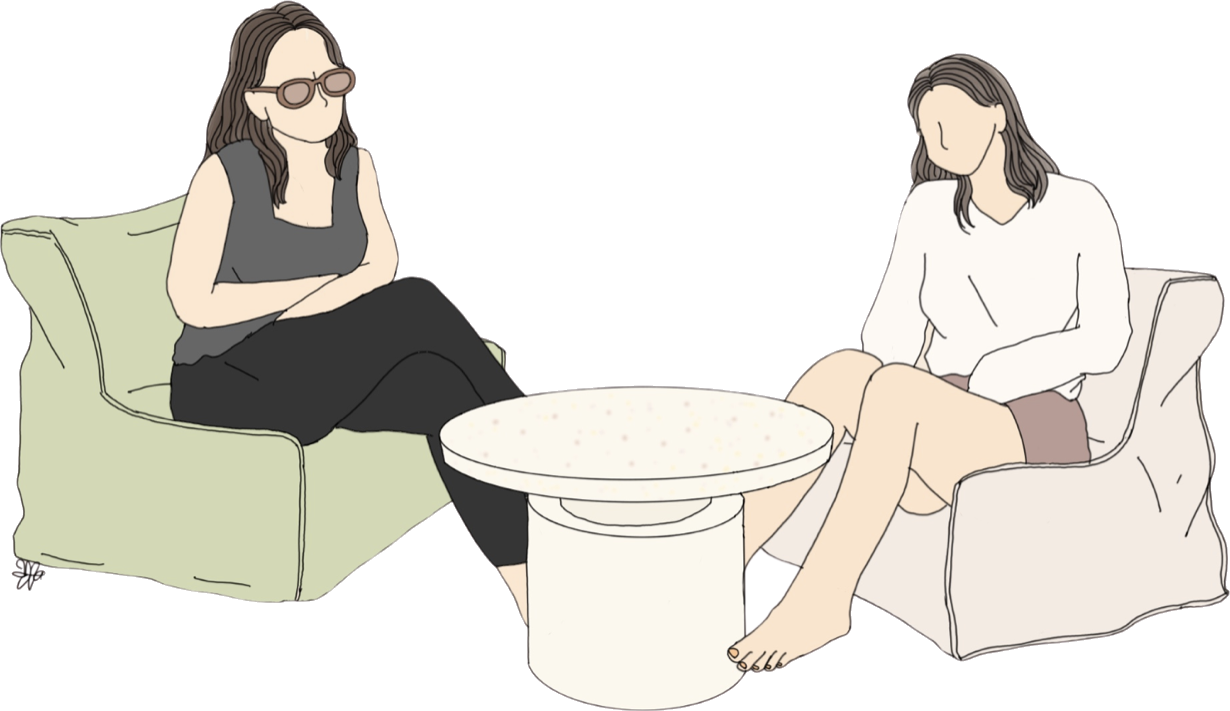 Illustration of a support worker and a participant talking in armchairs